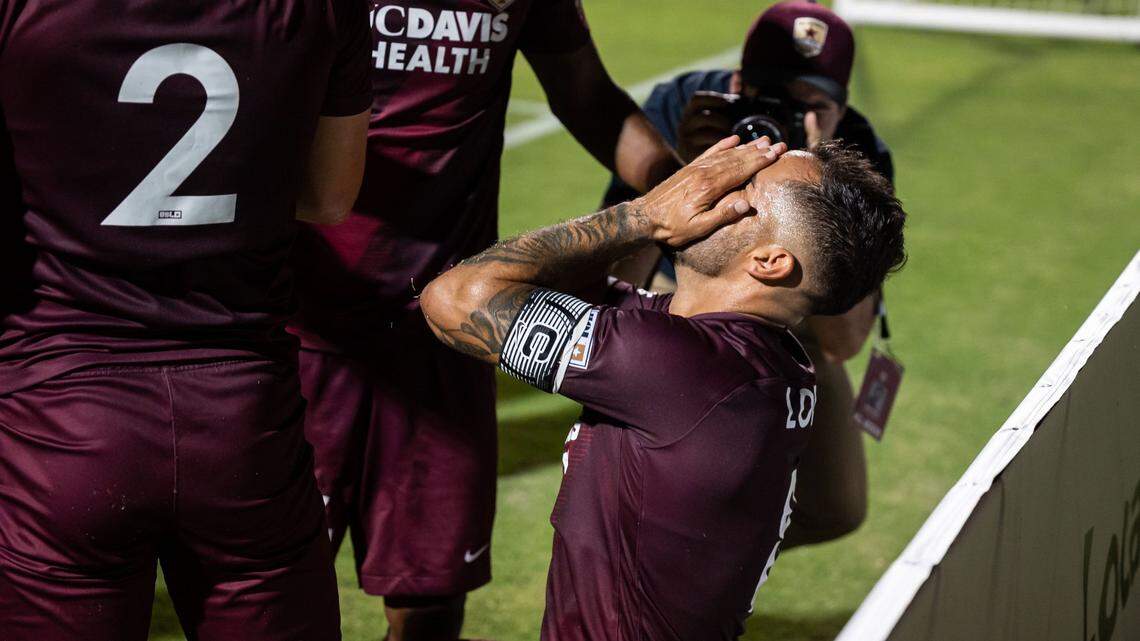 Sacramento Republic midfielder Rodrigo Lopez celebrates his goal in the second half against the San Jose Earthquakes in a U.S. Open Cup game Wednesday, May 25, 2022, at Heart Health Park in Sacramento.