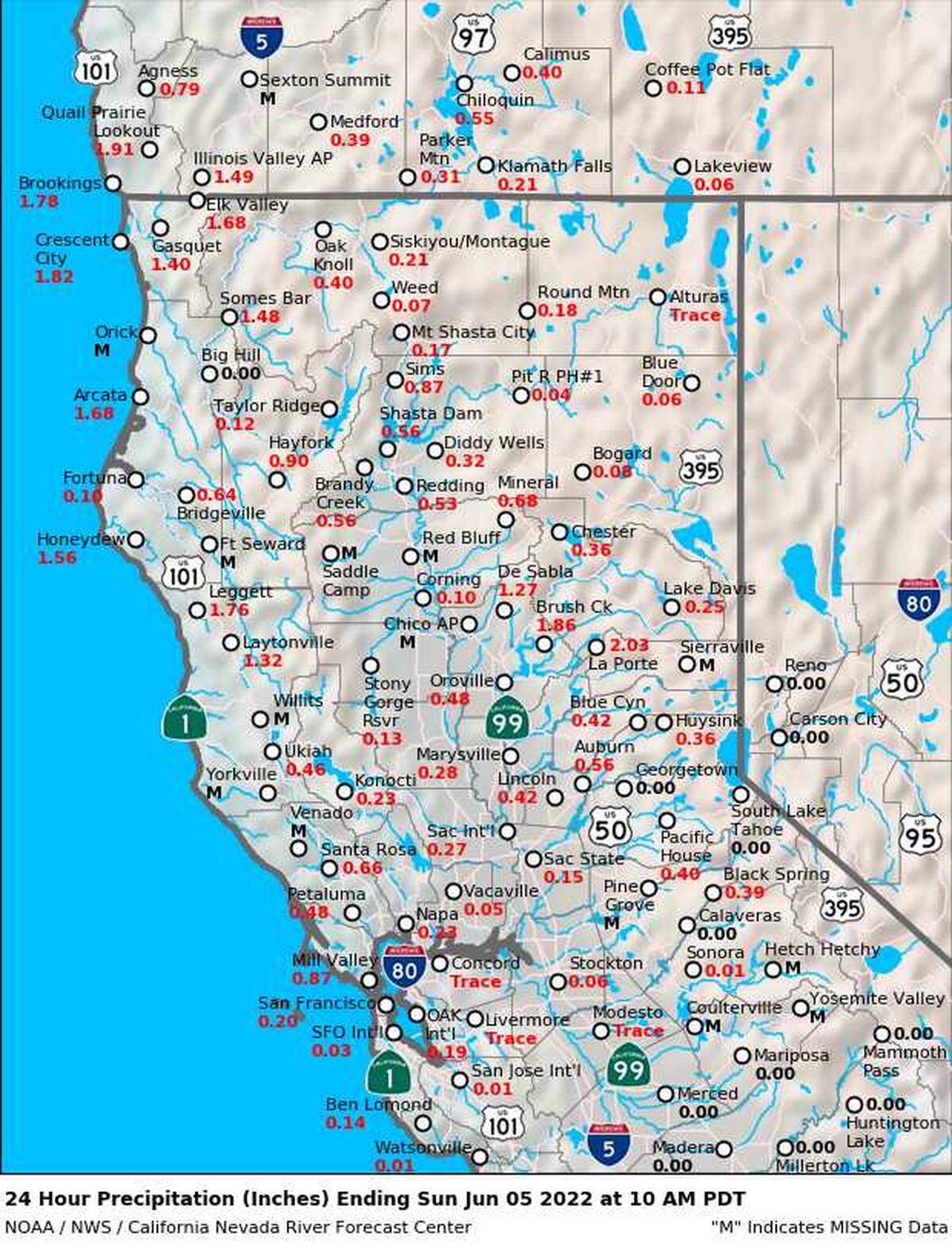 Rainfall totals in Northern California through 10 a.m. Sunday, June 5, 2022.
