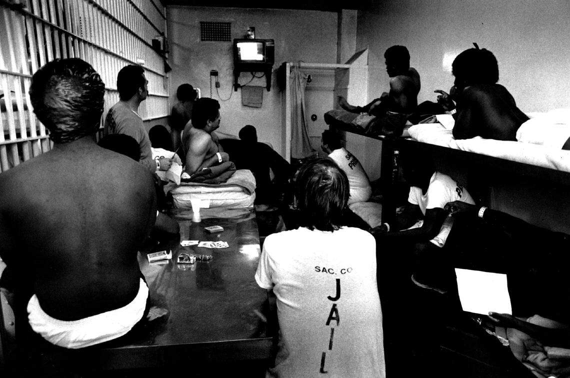 This cell, which has 16 bunks, but 21 prisoners sharing it in 1988 as they await their trials, is typical of the problem in the Sacramento County Jail. The jail usually holds more than 900 prisoners a day despite a federal court order setting the maximum of 755.