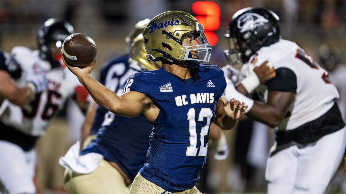 UC Davis Aggies quarterback Caden Pinnick, seen throwing a pass in the second half against the Southern Utah Thunderbirds on Sept. 20 in Davis, suffered a shoulder strain in Saturday’s win over the Weber State Wildcats.
