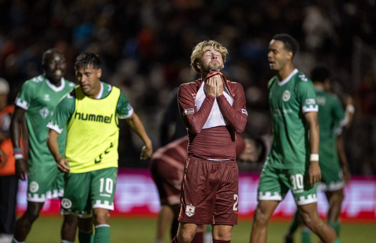 Sacramento Republic FC Lewis Jamieson (24) reacts after the final whistle sounds in the 1-0 loss to the Hartford Athletic on Saturday, Oct. 4 the USL Jägermeister Cup Final at Heart Health Park.