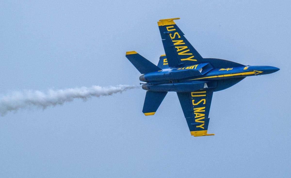 A U.S. Navy Blue Angels F/A-18 Hornet performs at the California Capital Airshow at Mather Airport on Saturday, March 22, 2025.