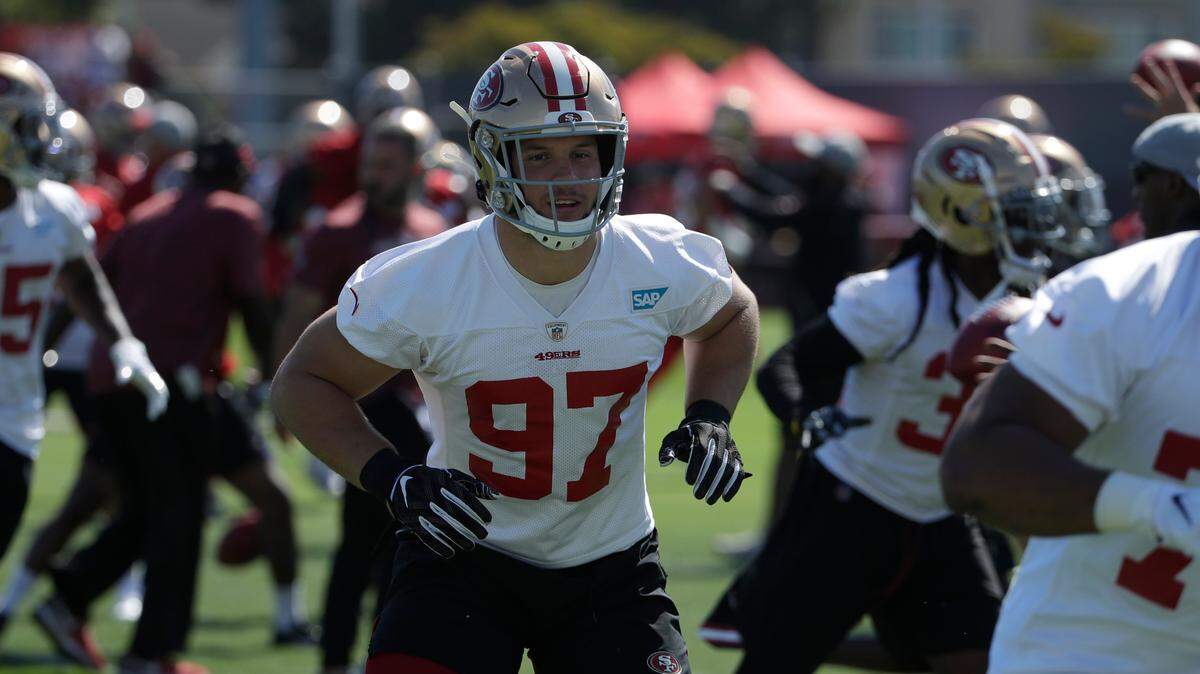 San Francisco 49ers’ Nick Bosa at the team’s NFL football training camp in Santa Clara, Calif., Saturday, July 27, 2019. (AP Photo/Jeff Chiu)