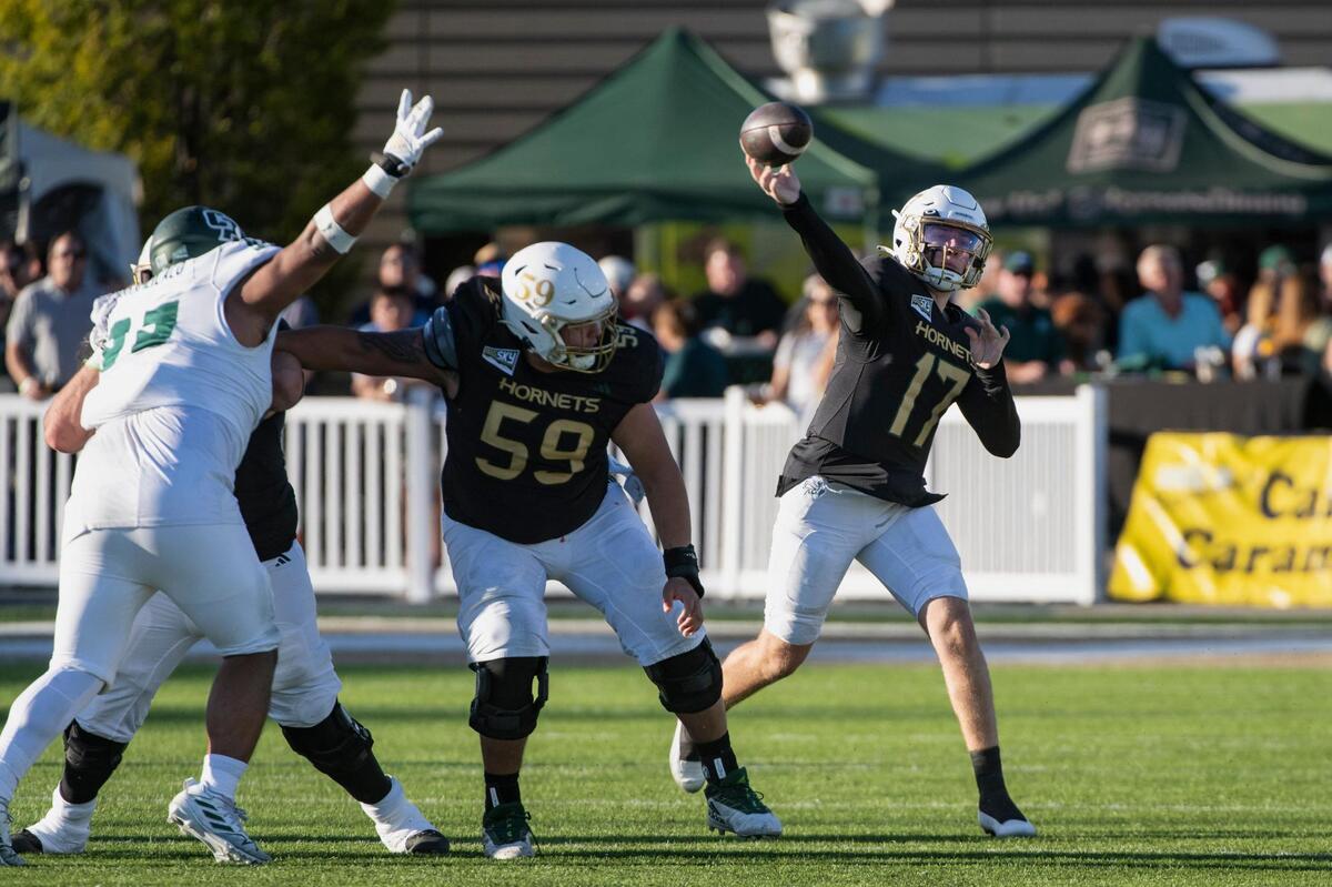 Sacramento State Hornets quarterback Carson Conklin (17) passes downfield in the first half of the NCAA football game against the Cal Poly Mustangs at Hornet Stadium on Saturday, Nov. 11, 2023.