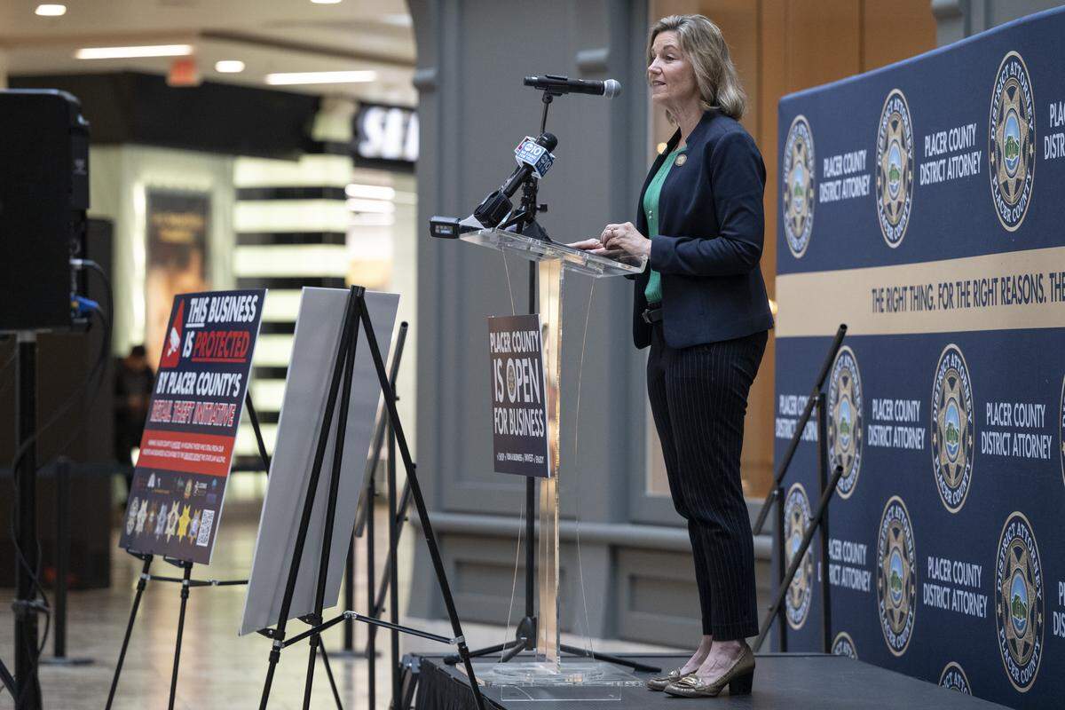 Placer County Supervisor Bonnie Gore speaks during a news conference on preventing and solving retail theft on Wednesday at the Roseville Galleria.