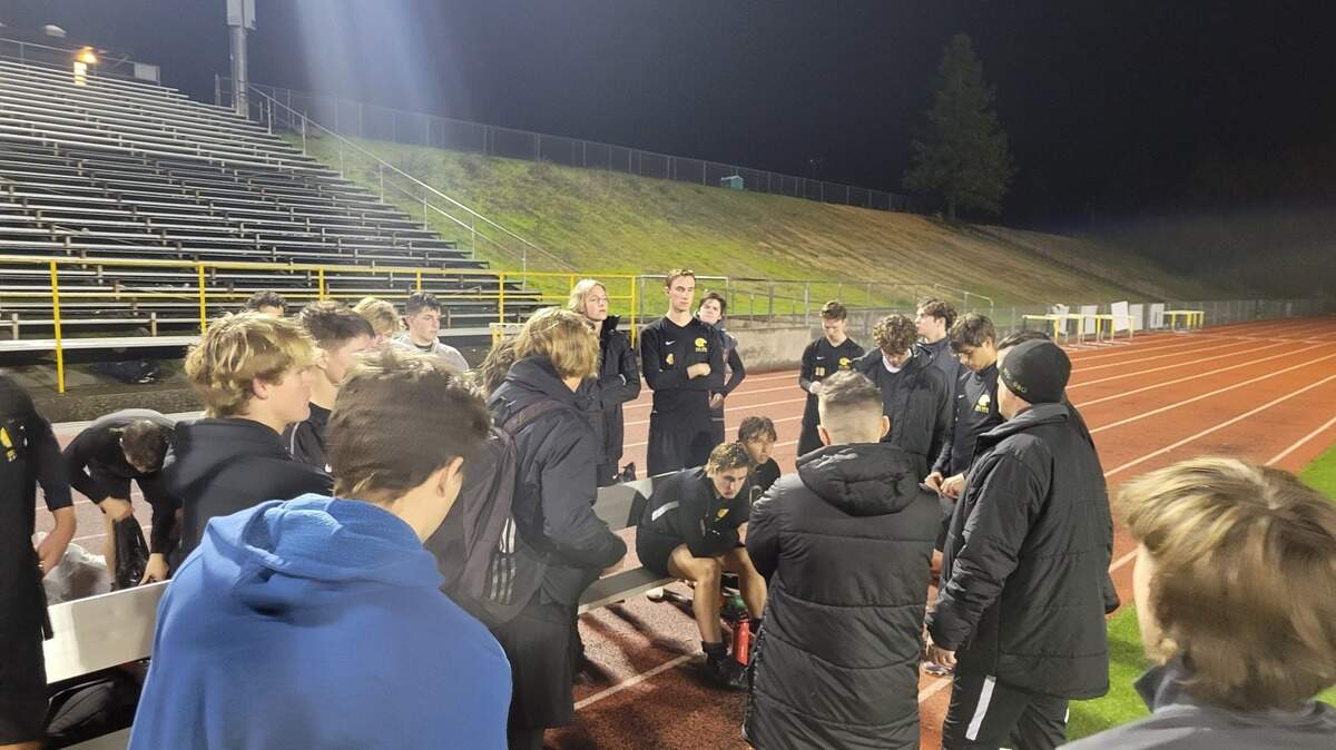 The Del Oro boys’ soccer team meets to talk after taking a 1-1 tie with Whitney on Tuesday, Jan. 4, 2022.