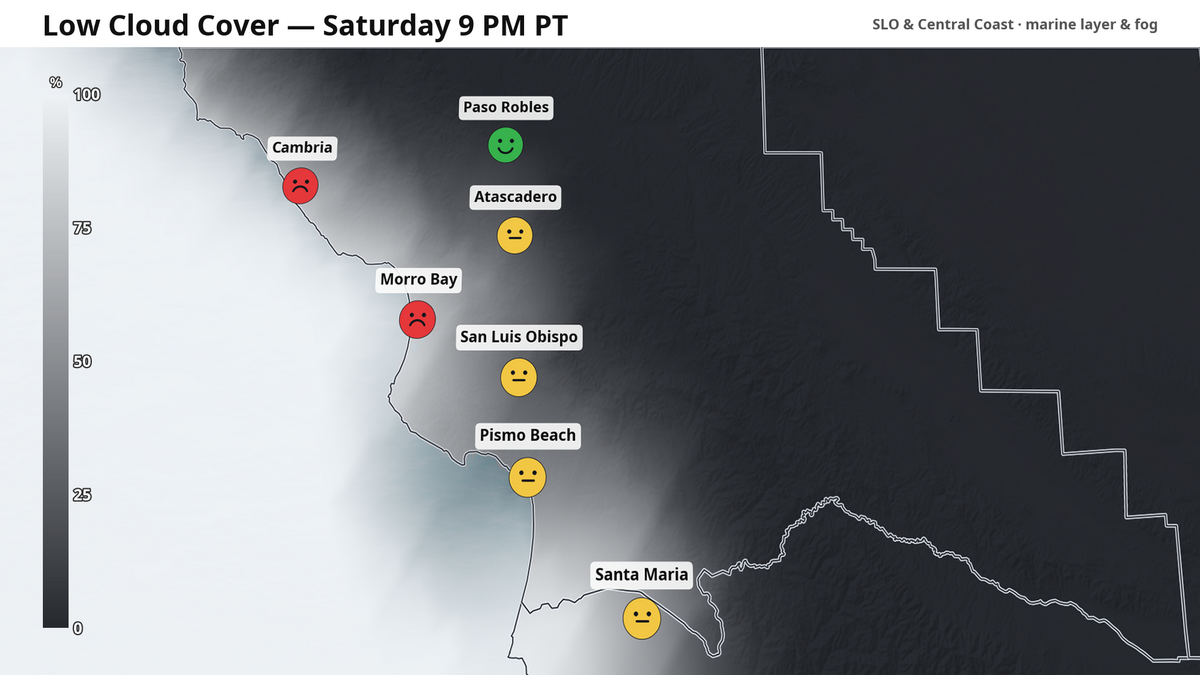 Low clouds and the marine layer on the evening of Saturday, July 4. Icons indicate firework viewing conditions.