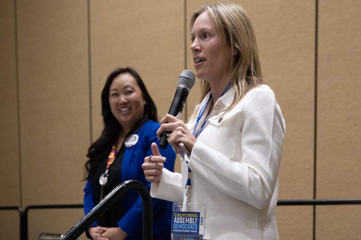Sacramento City Councilmember Caity Maple endorses fellow Councilmember Mai Vang for Congress during a debate between Vang and U.S. Rep. Doris Matsui on Feb. 21 at the California Democratic Party state convention in San Francisco.