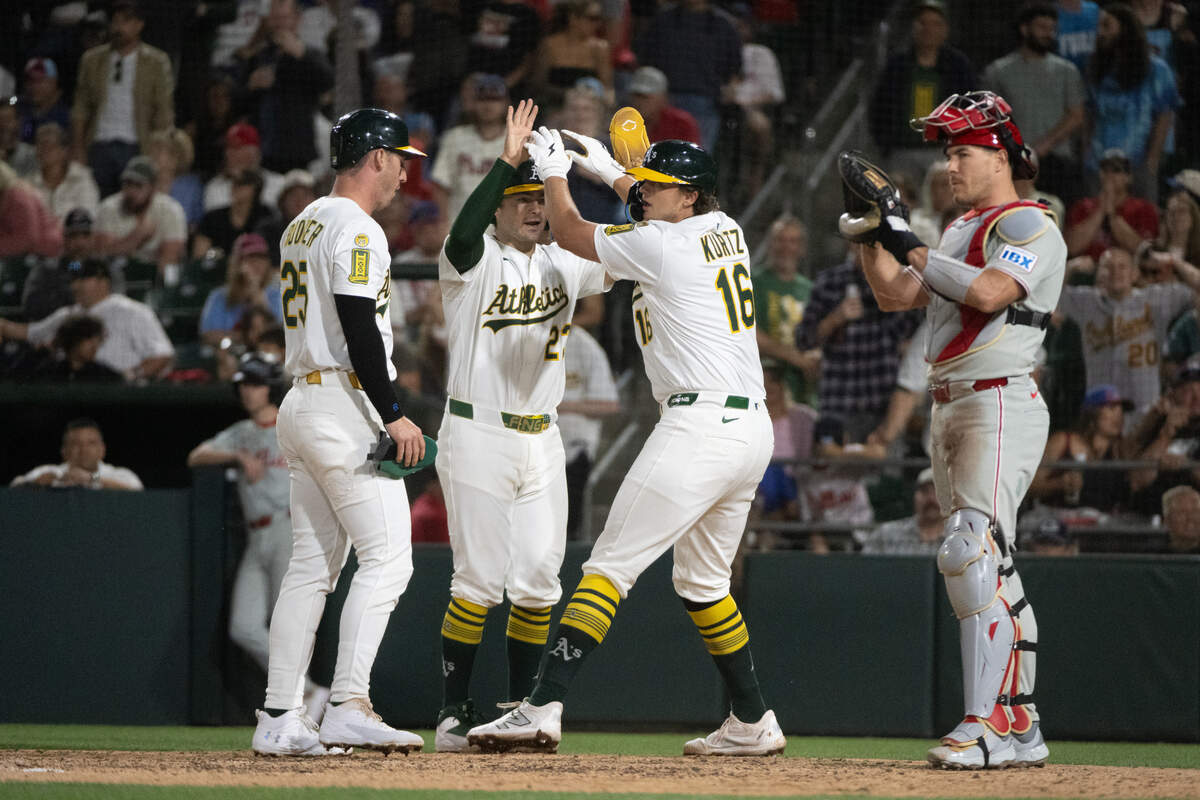 Athletics first baseman Nick Kurtz (16) celebrates his 3-run home run in the ninth inning against the Philadelphia Phillies during a game at Sutter Health Park on Friday in West Sacramento.