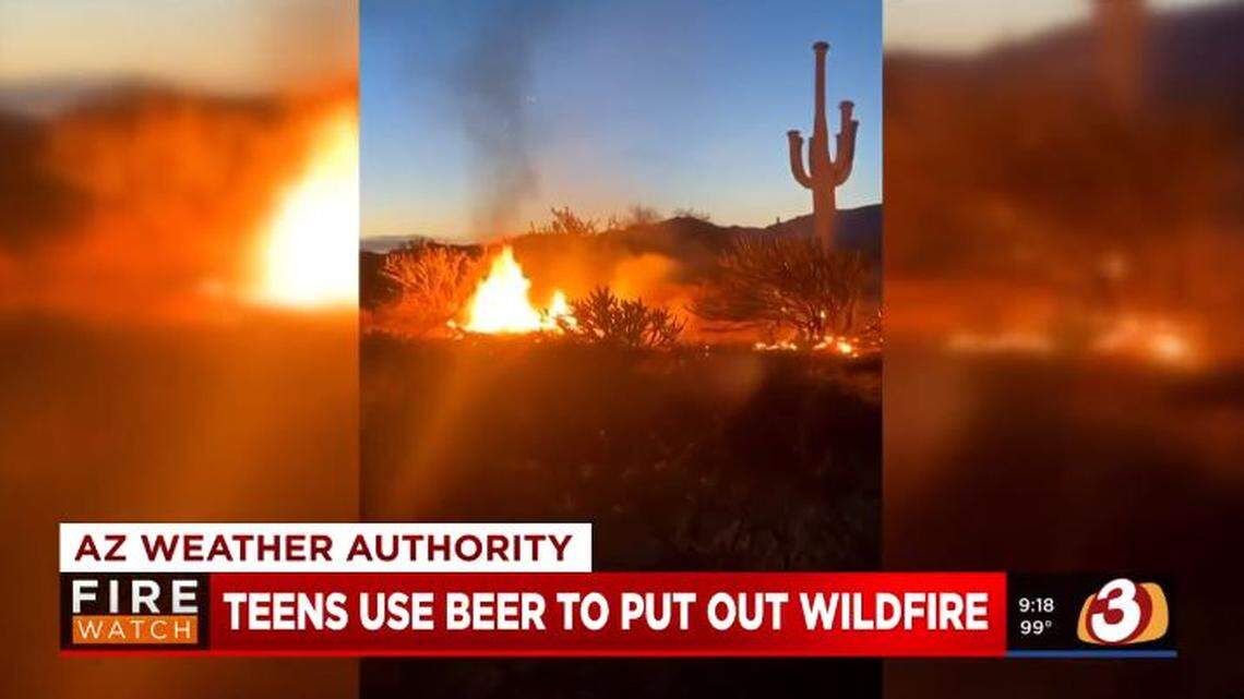 Two Arizona teens who encountered a wildfire on their way to work Monday doused it with beer brought by another passer-by.