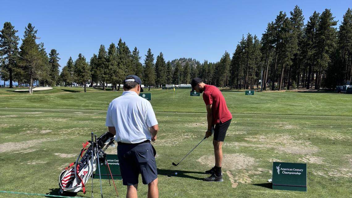 Sacramento Kings guard Zach LaVine readies a swing Thursday at the American Century Championship celebrity golf tournament at Edgewood Tahoe Resort in Stateline, Nevada.