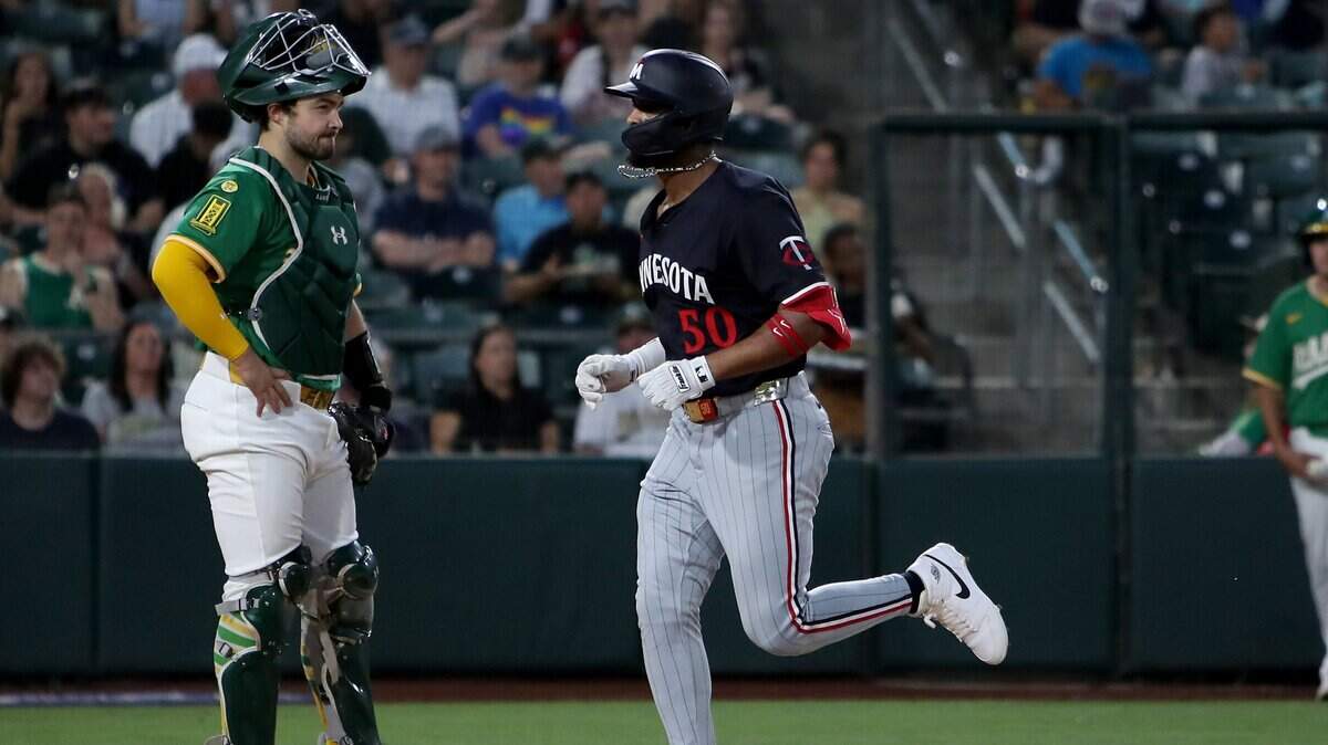 Jun 3, 2025; West Sacramento, California, USA; Minnesota Twins right fielder Willi Castro (50) crosses home plate after hitting a solo home run against the Athletics during the sixth inning at Sutter Health Park. Mandatory Credit: Dennis Lee-Imagn Images