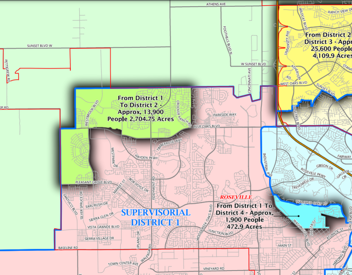 The same oddly shaped, precisely-carved-out chunk of western Roseville, which includes new developments along Fiddyment Road, would be moved out of District 1 and into District 2, the supervisorial district encompassing Lincoln.