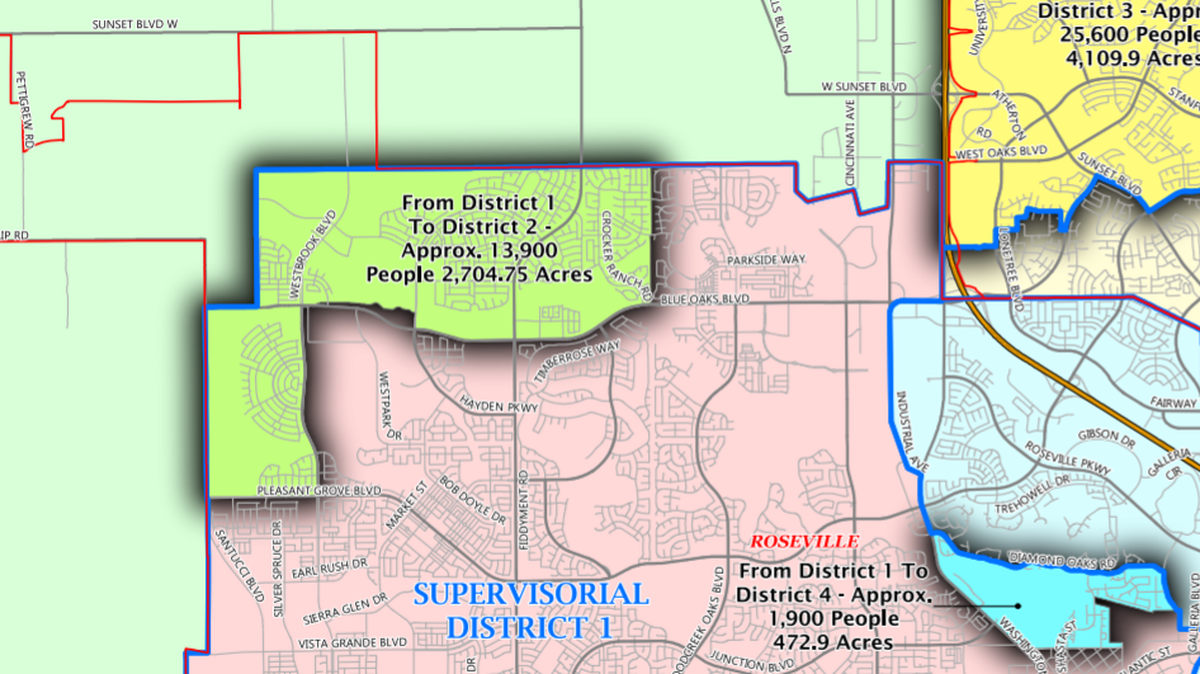 The same oddly shaped, precisely-carved-out chunk of western Roseville, which includes new developments along Fiddyment Road, would be moved out of District 1 and into District 2, the supervisorial district encompassing Lincoln.