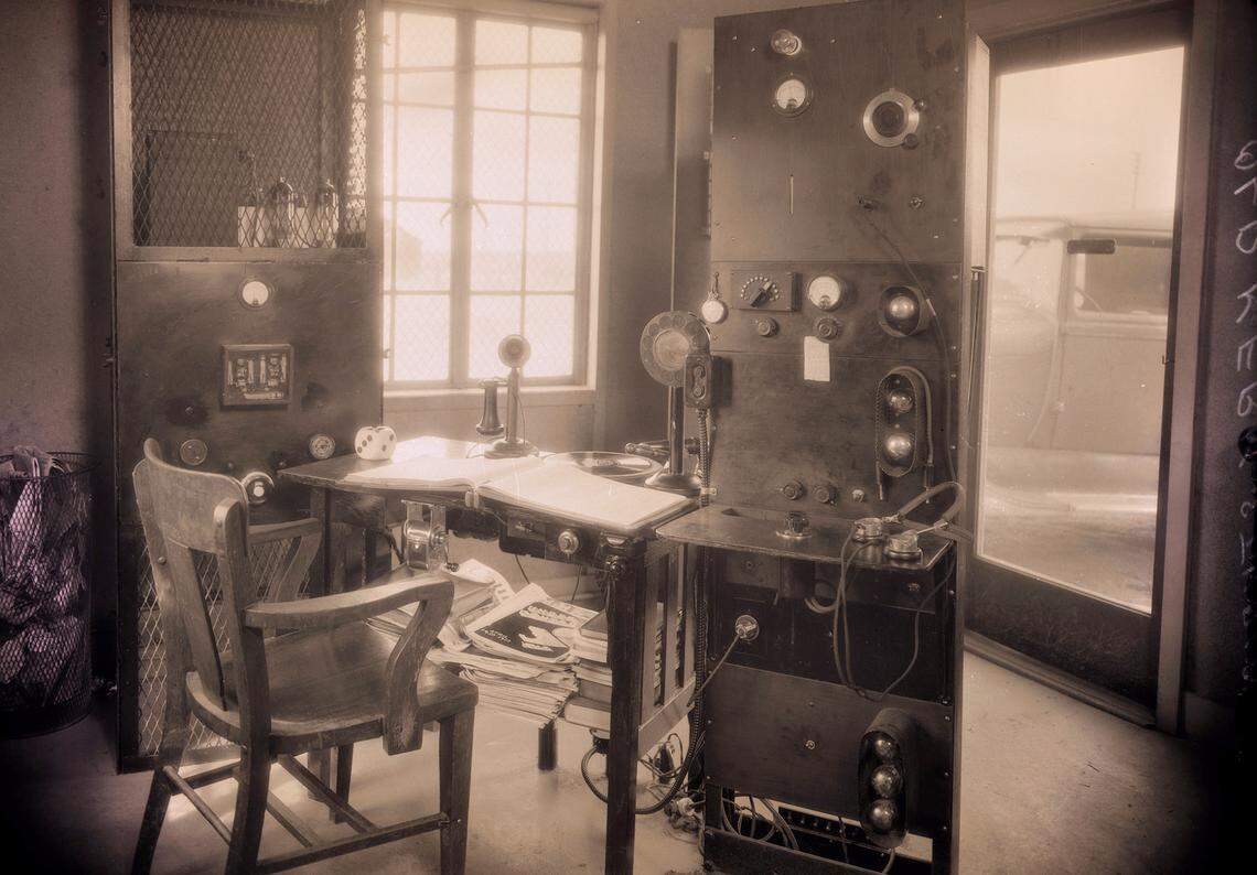 KFBK studio in Sacramento in the 1930s, while it was owned by the McClatchy family. Text on the back of the negative at right reads “Old KFBK studio.”