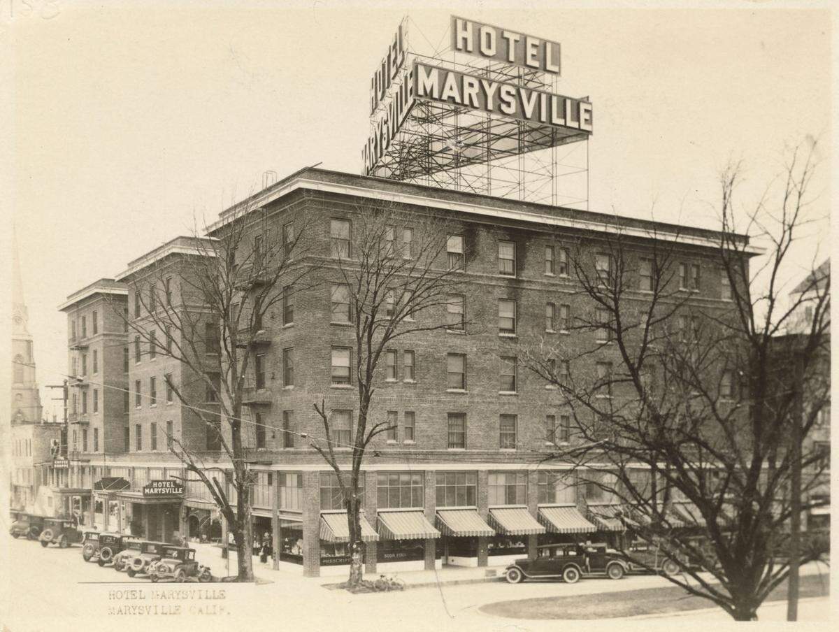A large rooftop sign announces the presence of the Hotel Marysville in an image from a postcard that was likely made soon after the landmark’s 1926 opening.