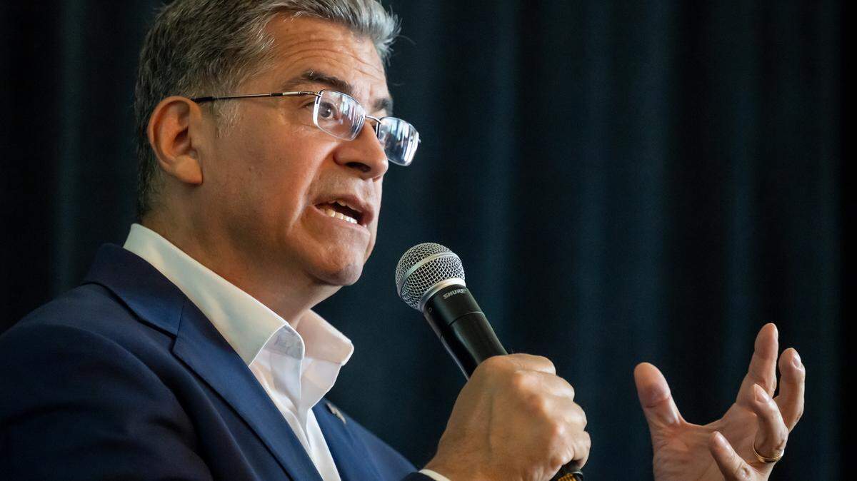 Former California Attorney General Xavier Becerra speaks during a CalAsian Chamber of Commerce-sponsored gubernatorial candidate forum at the Citizen Hotel in Sacramento on April 8, 2026.