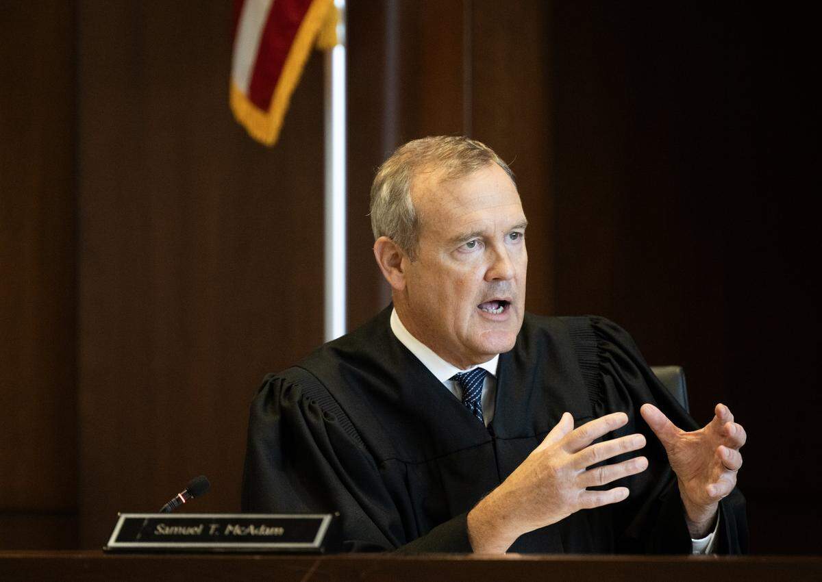 Judge Samuel McAdam instructs the jury before opening arguments are made in the trial of Carlos Dominguez in Superior Court in Woodland on Thursday, May 28, 2026. Dominguez allegedly went on a stabbing spree in Davis in 2023, killing two people and injuring one.
