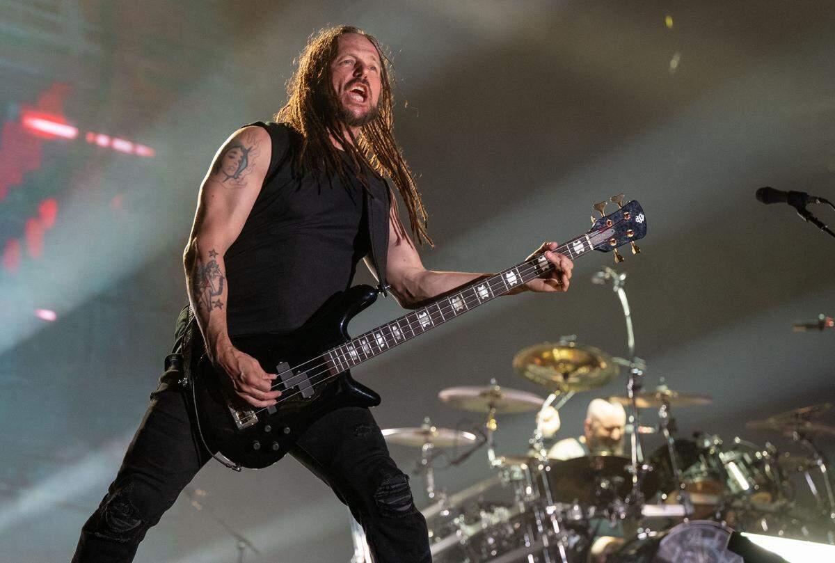 Disturbed bassist John Moyer performs at the Aftershock festival in Sacramento’s Discovery Park on Sunday.