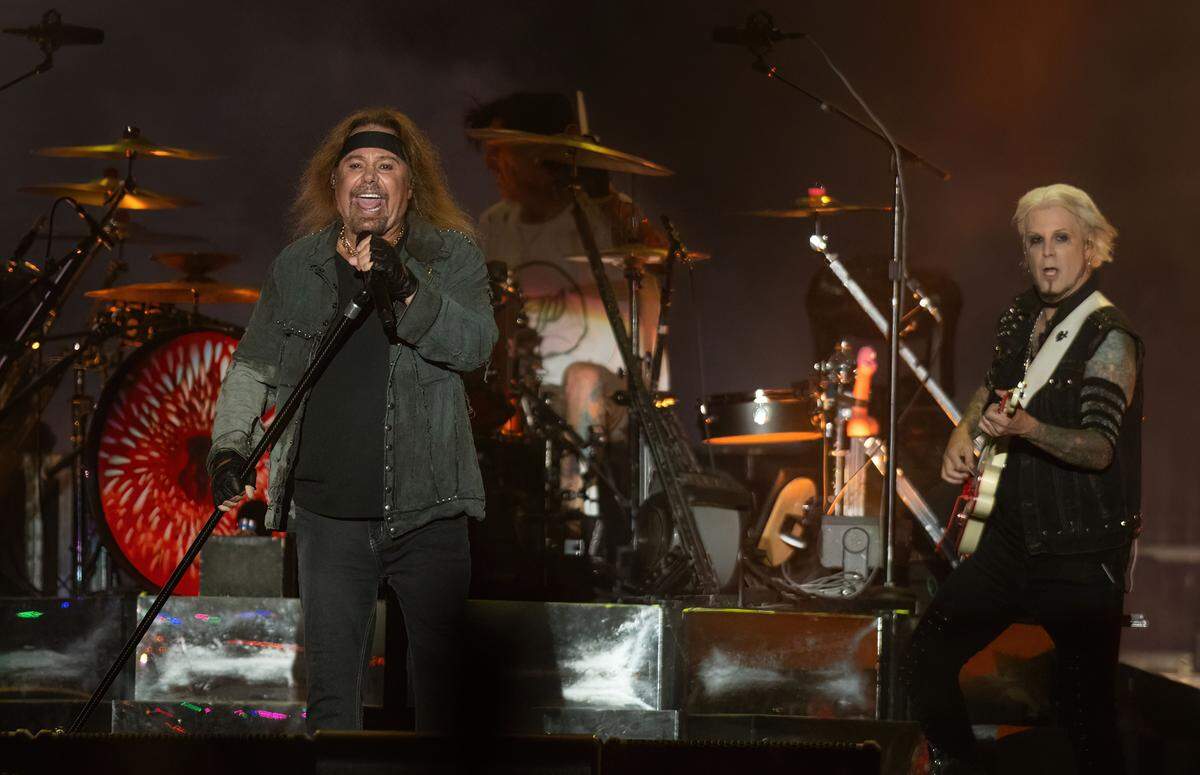 Mötley Crüe vocalist Vince Neil, drummer Tommy Lee and guitarist John 5 close out the Aftershock festival in Sacramento’s Discovery Park on Sunday.
