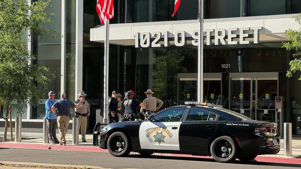 California Highway Patrol personnel respond to 1021 O Street in Sacramento on Thursday following reports of a suspicious package delivered to the Capitol Annex Swing Space.