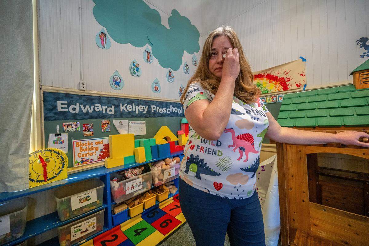 Preschool teacher Amanda Chapman wipes away tears on Thursday as she explains what students, parents and staff stand to lose if the Edward Kelley parent participation preschool in Rosemont is shut down by the Sacramento City Unified School District. “I am willing to waive my health benefits next year in order to help save this program,” Chapman said.