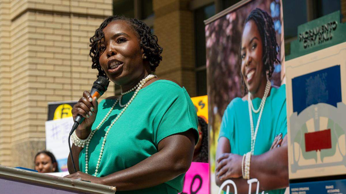Flojaune Cofer, former chairwoman of the Measure U Committee and a progressive organizer, announces her candidacy for mayor of Sacramento at City Hall on Wednesday, April 19, 2023. She is the first candidate to enter the 2024 race.