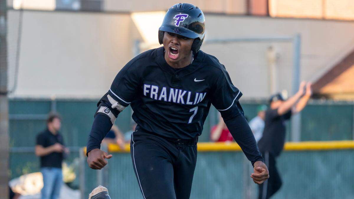 The Franklin High School Wildcats’ Dylan Minnatee celebrates his single during the CIF Sac-Joaquin Section Division I baseball championship game at Sacramento City College against the St. Mary’s Rams of Stockton on Friday, May 23, 2025.
