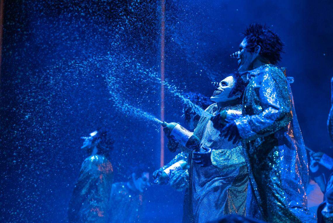 Insane Clown Posse members spray soda into the crowd during there performance at the Aftershock festival on Thursday, Oct. 10, 2024 at Discovery Park.
