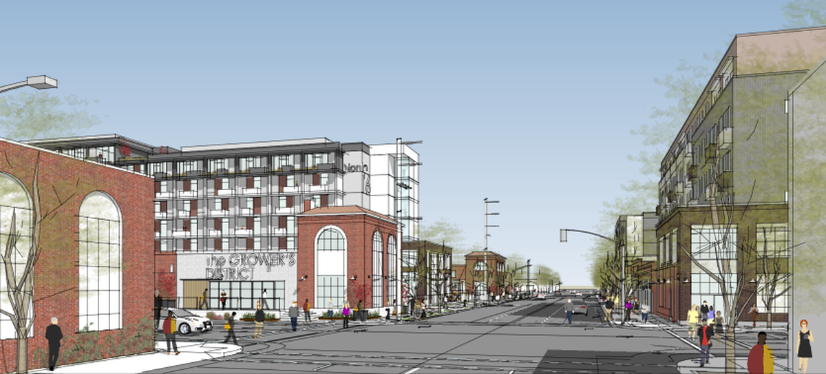 An architectural drawing shows the view of the Grower’s District looking north on North 16th Street in the River District, north of downtown Sacramento. The complex would add an estimated 540 housing units in four buildings.