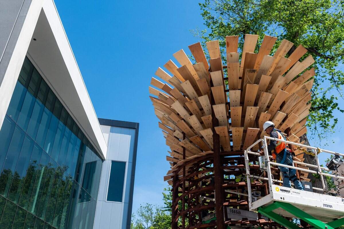 A construction worker helps assemble a new 25-foot tall sculpture Thursday, April 29, 2021, titled California Cathedral that is part of the remodel and expansion of the city’s convention center in downtown Sacramento. It’s the first of five public artworks at the facility, now known as the Safe Credit Union Convention Center. The sculpture, which reinterprets California’s forests, was created by Kimberly Garza and Atlas Lab of Sacramento.