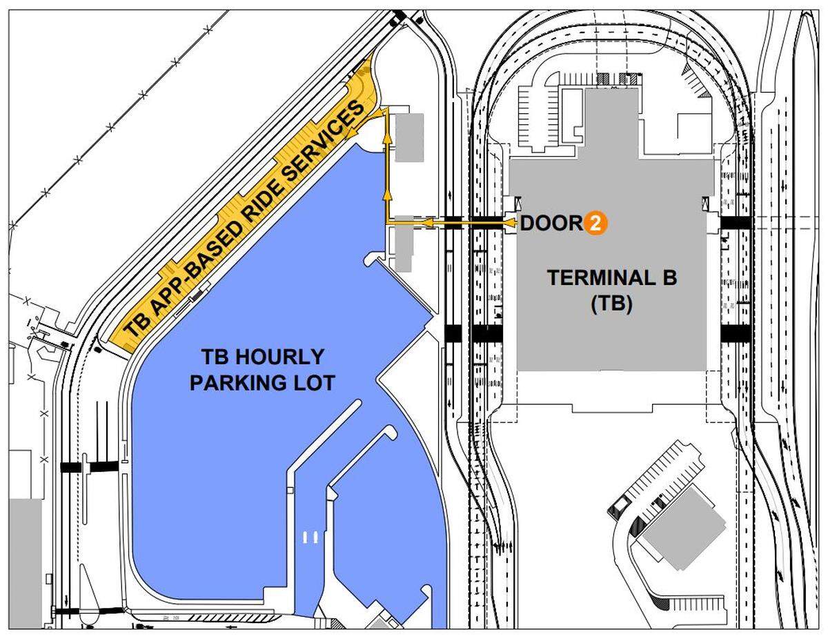 A map of the new app-based ride service pickup area for Terminal B at Sacramento International Airport.