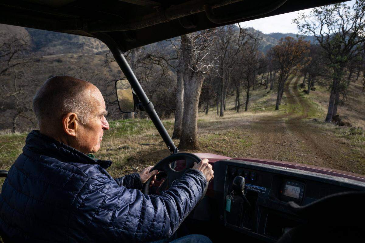 Former Gov. Jerry Brown drives his ATV during tour at his ranch in December.