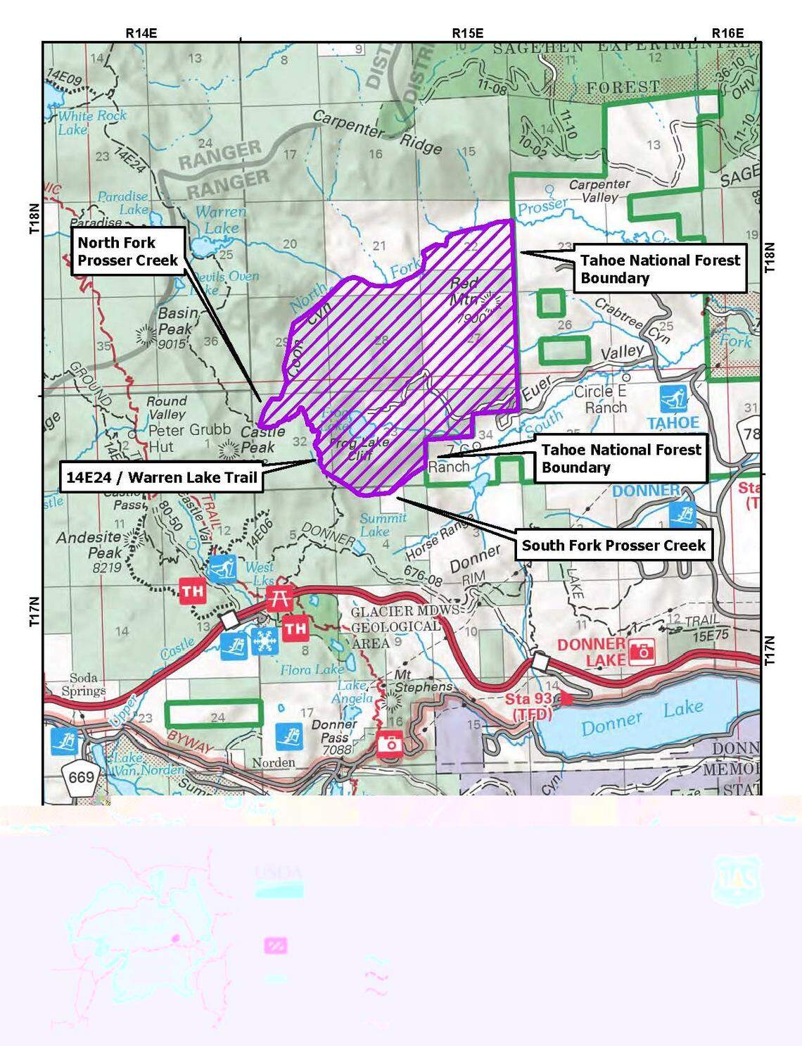 The Castle Peak avalanche closure applied to National Forest lands between Castle Peak and the South Fork of Prosser Creek.