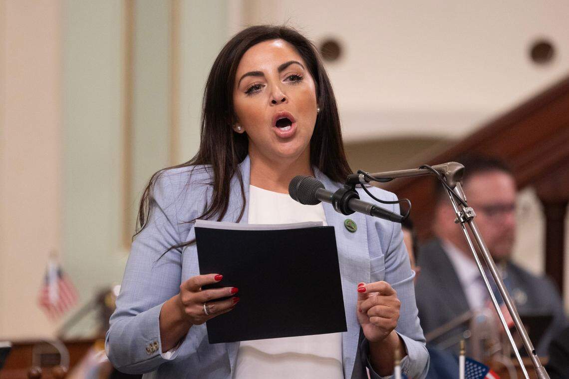 Assemblywoman Kate A. Sanchez, R-Rancho Santa Margarita, argues Wednesday against AB 1840.