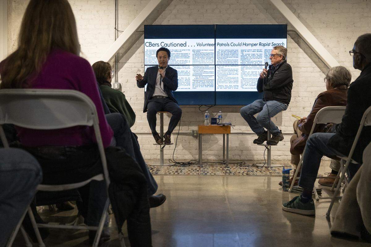 Retired Sacramento Bee reporter Sam Stanton, right, interviews Sacramento County District Attorney Thien Ho about Ho’s experience prosecuting the Golden State Killer during a live Q&A at The Sacramento Bee’s office in Sacramento on Tuesday, Dec. 9, 2025.
