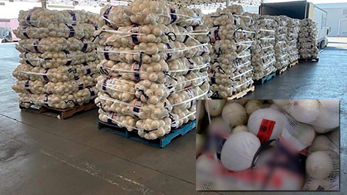 The meth (inset photo) was packaged to look like the onions in the shipment, the Border Patrol said.
