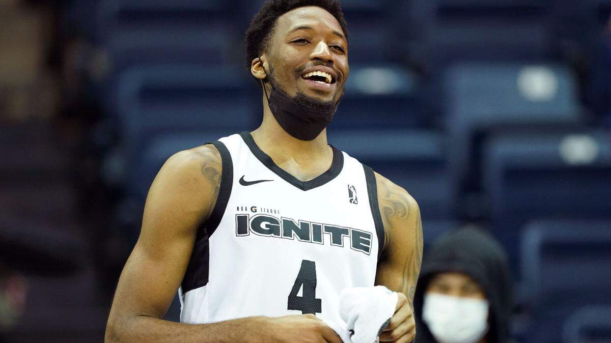G League Ignite guard Dakarai Allen (4) stands on the sideline during the second quarter against the Stockton Kings at Stockton Arena in 2021.