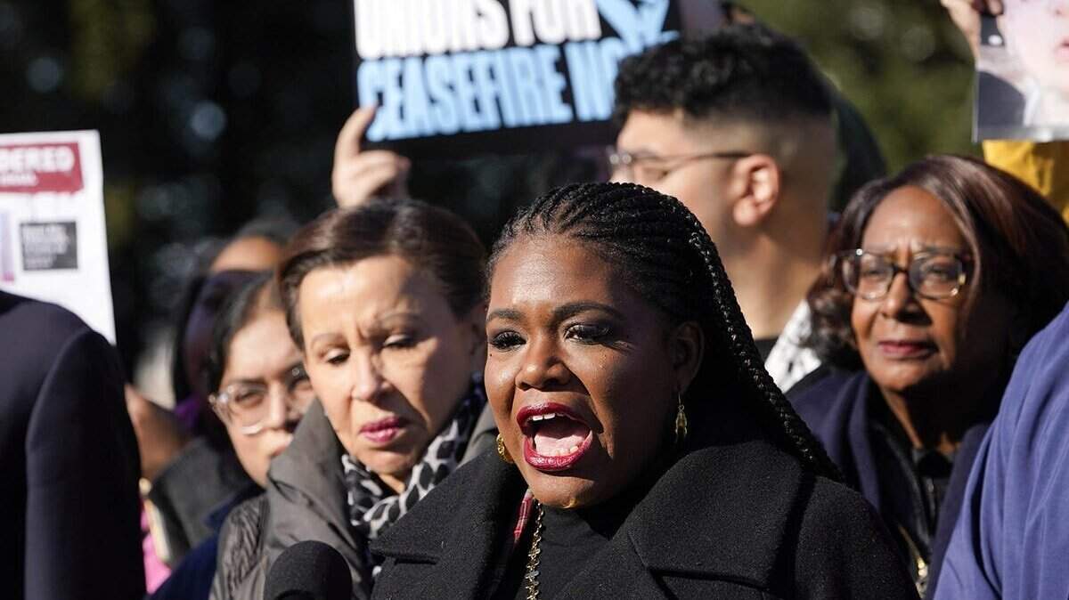 Congresswoman Cori Bush (D-MO) along with union members call for ceasefire while at a press conference at the U.S. Capitol in Washington, D.C. on Thursday, Dec. 14, 2023.