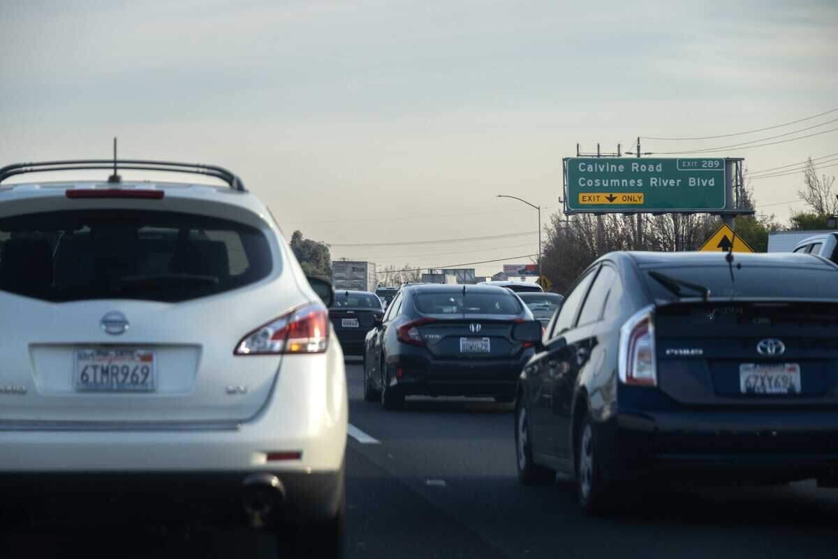 A tightly spaced line of vehicles moves south on Highway 99 near Calvine Road in Elk Grove in 2022.