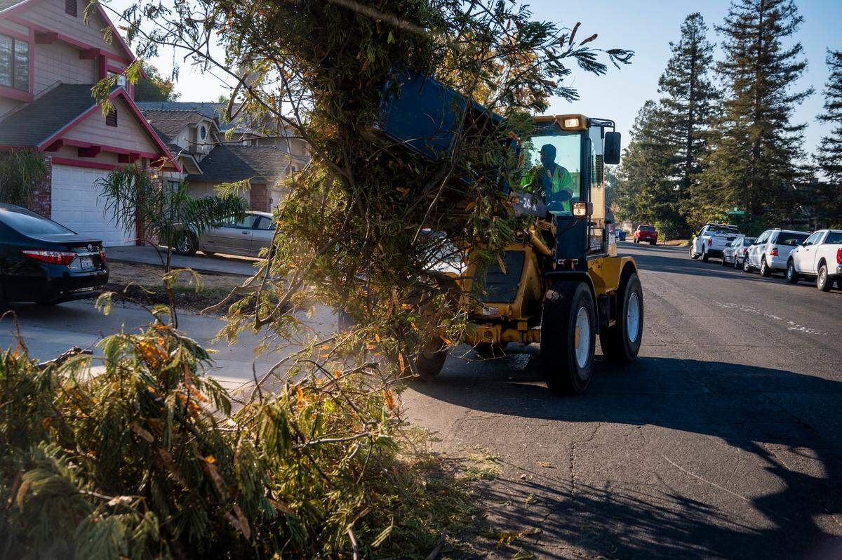 “The Claw” picks up leaves and branches on a street in south Sacramento on Monday, Nov. 2, 2020.