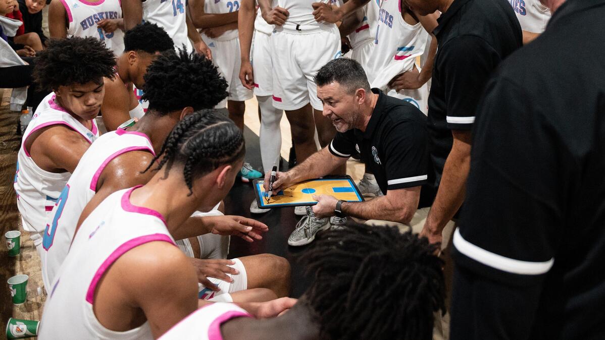 Sheldon head coach Joey Rollings talks to his players during a timeout while playing Rocklin in a Sac-Joaquin Section Division I playoff game in February.