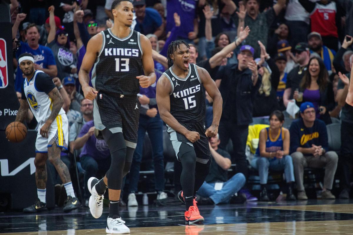 Sacramento Kings guard Davion Mitchell (15) celebrates a basket during Game 2 of the first-round NBA playoff series at Golden 1 Center on Monday.