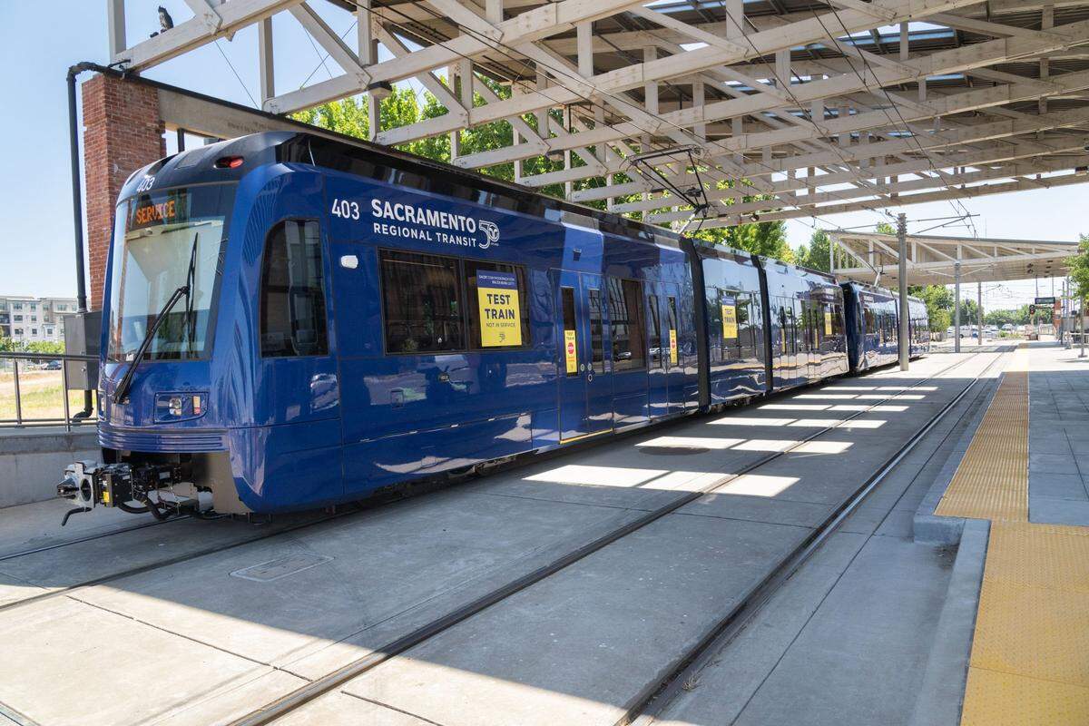 One of Sacramento Regional Transit’s new S700 low-floor light rail train awaits riders at the Township 9 station in Sacramento on June 12, 2024.