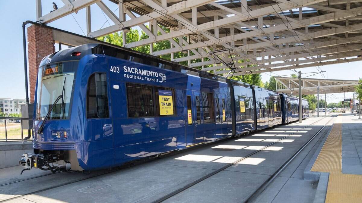 One of Sacramento Regional Transit’s new S700 low-floor light rail train awaits riders at the Township 9 station in Sacramento on Wednesday, June 12, 2024. RT is privately claiming that it has lost millions of dollars in funds to other local governments.
