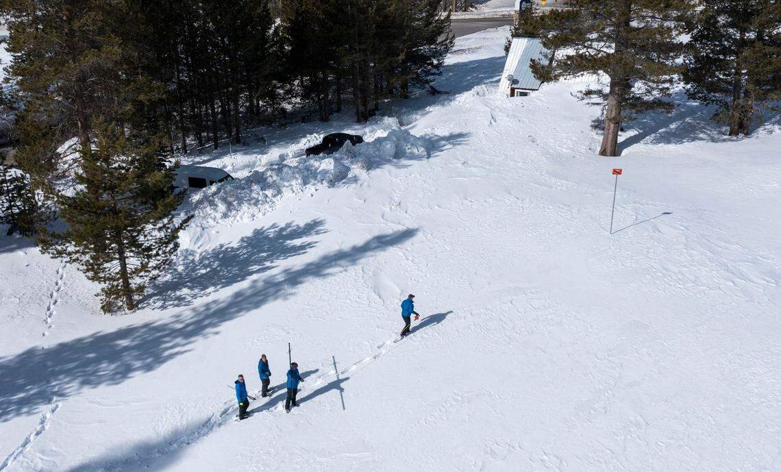 California Department of water resources conducts second snow survey of the season at Phillips Station on Wednesday, Feb. 2, 2023. Water Supply Forecasting Unit Manager Sean de Guzman leads staff during the snow survey.