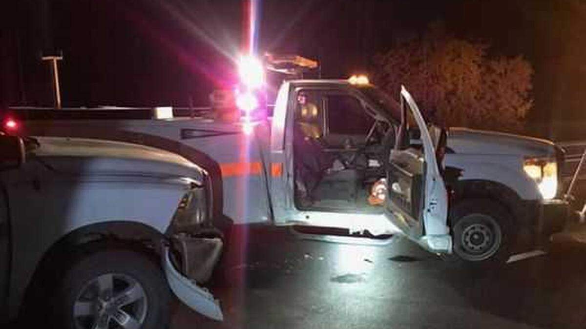 Officers arrested a driver who allegedly crashed his pickup into a Caltrans vehicle on Highway 16, which was closed due to the Copper Fire in Amador County on Wednesday night Sept. 30, 2020.