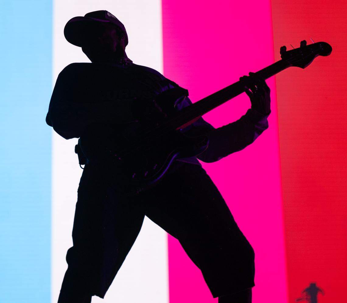 Turnstile bassist Franz Lyons performs during the Aftershock festival on Friday, Oct. 3, 2025, in Discovery Park in Sacramento.  