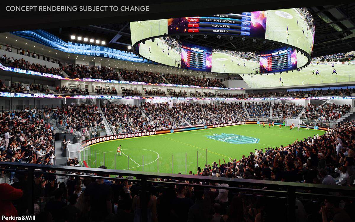 A rendering shows an indoor soccer stadium planned for Rancho Cordova after Major Arena Soccer League announced in September that it plans to expand with a men’s and women’s team.