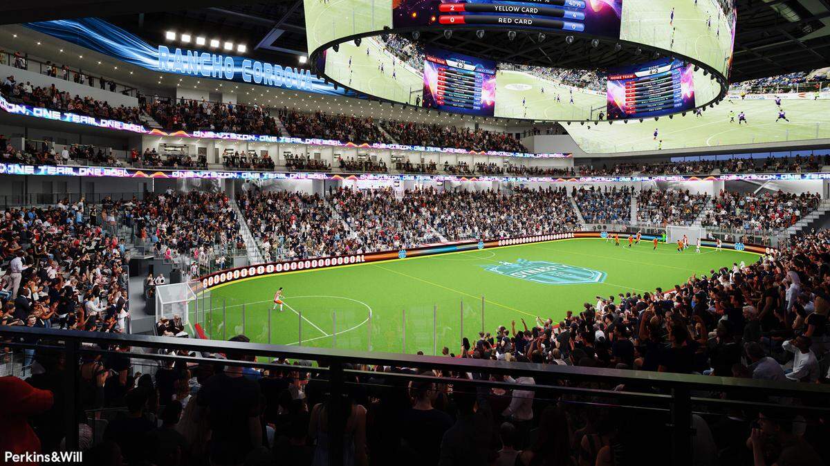 A rendering shows an indoor soccer stadium planned for Rancho Cordova after Major Arena Soccer League announced Tuesday it plans to expand with a men’s and women’s team.